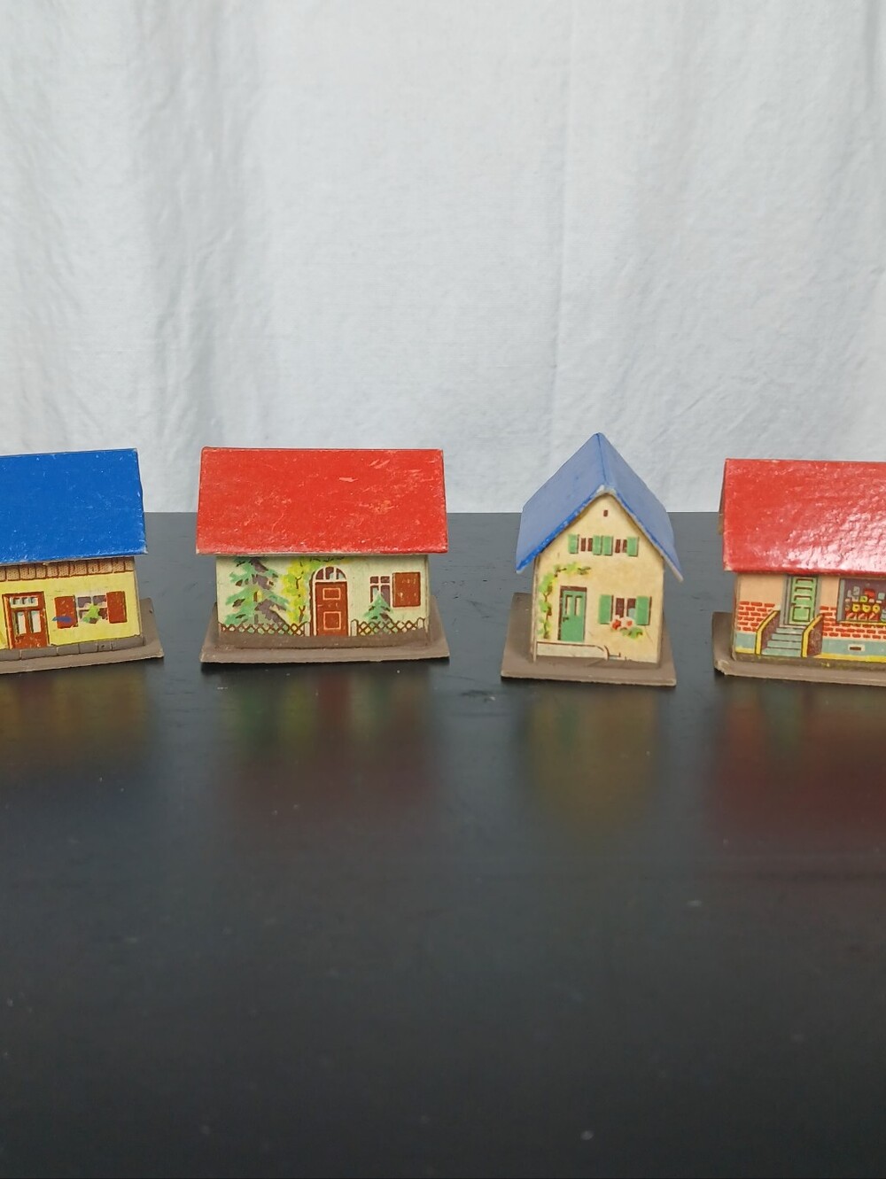 Set Of 4 Putz Vtg Miniature  Cardboard Paper Houses Village Lithographs German